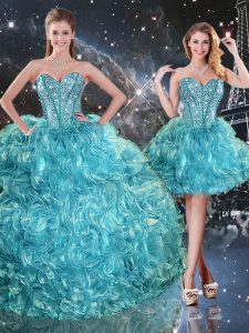 Aqua Blue Organza Lace Up Sweet 16 Dresses Sleeveless Floor Length Beading and Ruffles