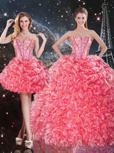 Most Popular Coral Red Organza Lace Up Vestidos de Quinceanera Sleeveless Floor Length Beading and Ruffles