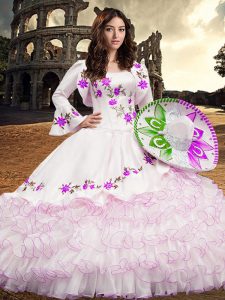 Stylish Embroidery and Ruffled Layers Quinceanera Dress White Lace Up Long Sleeves Floor Length