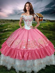 Hot Pink Taffeta Lace Up Off The Shoulder Sleeveless Floor Length Sweet 16 Dresses Beading and Embroidery and Ruffled Layers
