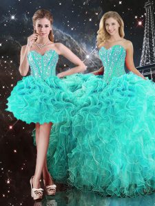 Floor Length Lace Up Quinceanera Gowns Turquoise for Military Ball and Sweet 16 and Quinceanera with Beading and Ruffles