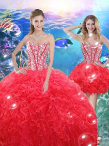 Coral Red Ball Gowns Beading and Ruffles Sweet 16 Dress Lace Up Organza Sleeveless Floor Length