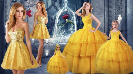 Custom Made Gold Organza Lace Up 15 Quinceanera Dress Sleeveless Floor Length Ruffled Layers