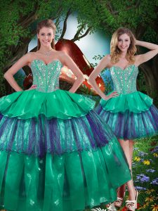 Attractive Turquoise Lace Up Sweetheart Beading and Ruffled Layers Ball Gown Prom Dress Organza Sleeveless
