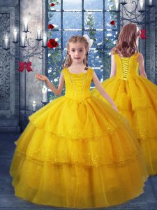 Custom Fit Floor Length Gold Little Girls Pageant Gowns V-neck Sleeveless Lace Up