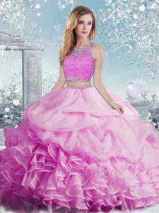 Sweet Lilac Ball Gown Prom Dress Military Ball and Sweet 16 and Quinceanera with Beading and Ruffles and Pick Ups Scoop Sleeveless Clasp Handle
