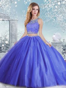 Sweet Blue Ball Gowns Beading and Sequins Sweet 16 Quinceanera Dress Clasp Handle Tulle Sleeveless Floor Length