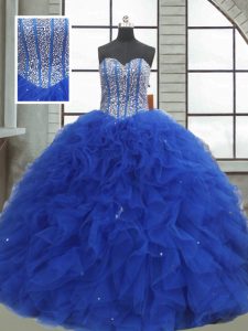 Beading and Ruffles and Sequins Quinceanera Dresses Royal Blue Lace Up Sleeveless Floor Length