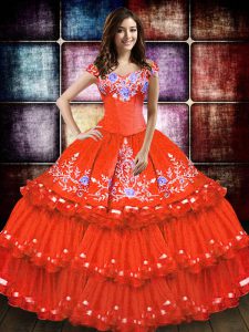 Orange Red Ball Gowns Embroidery and Ruffled Layers Quinceanera Gown Lace Up Taffeta Sleeveless Floor Length