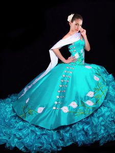 Enchanting Aqua Blue Lace Up Sweetheart Embroidery and Ruffles Vestidos de Quinceanera Organza Sleeveless Brush Train