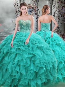 Affordable Turquoise Ball Gowns Organza Sweetheart Sleeveless Beading and Ruffles Floor Length Lace Up Quinceanera Dresses