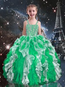 Hot Selling Green Sleeveless Beading and Ruffles Floor Length Little Girls Pageant Dress