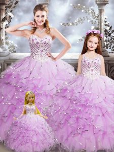 Trendy Lilac Lace Up Sweetheart Beading and Ruffles Vestidos de Quinceanera Organza Sleeveless