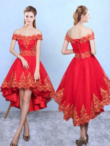 Wine Red Off The Shoulder Lace Up Appliques Quinceanera Dama Dress Sleeveless