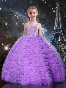 Floor Length Lace Up Evening Gowns Eggplant Purple for Quinceanera and Wedding Party with Beading and Ruffles and Ruffled Layers