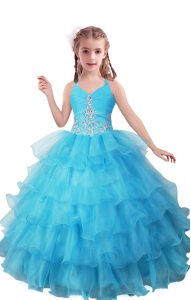 Hot Selling Baby Blue Sleeveless Floor Length Beading and Ruffled Layers Zipper Kids Pageant Dress