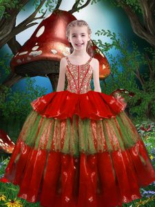 Beading and Ruffled Layers High School Pageant Dress Red Lace Up Sleeveless Floor Length