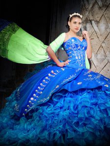 Best Sleeveless Brush Train Lace Up Embroidery and Ruffles Quinceanera Gown