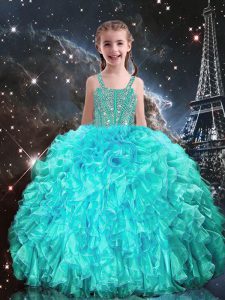 High Quality Aqua Blue Organza Lace Up Straps Sleeveless Floor Length Little Girls Pageant Dress Beading and Ruffles