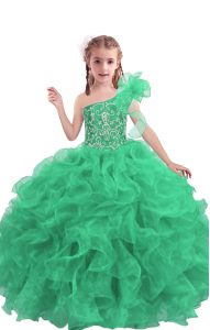 Apple Green Ball Gowns Beading and Ruffles Little Girls Pageant Gowns Lace Up Organza Sleeveless Floor Length