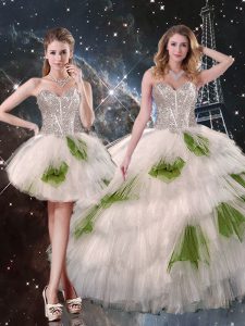 White Tulle Lace Up Sweet 16 Quinceanera Dress Sleeveless Floor Length Beading and Ruffled Layers and Sequins