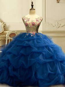 Dynamic Navy Blue Ball Gowns Scoop Sleeveless Organza Floor Length Lace Up Appliques and Ruffles and Sequins Quinceanera Gowns