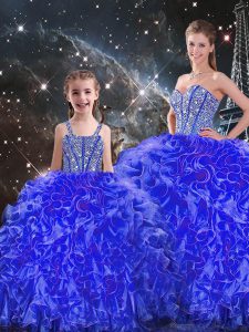 Fantastic Sleeveless Organza Floor Length Lace Up 15 Quinceanera Dress in Blue with Beading and Ruffles