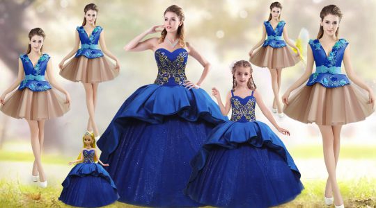 Blue Ball Gowns Taffeta Sweetheart Sleeveless Beading and Appliques and Embroidery Lace Up Vestidos de Quinceanera Court Train