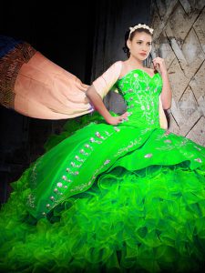 Decent Green Ball Gowns Embroidery and Ruffles Sweet 16 Dress Lace Up Organza Sleeveless With Train