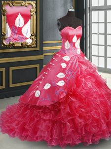 Glamorous Coral Red Ball Gowns Sweetheart Sleeveless Organza Brush Train Lace Up Embroidery and Ruffled Layers Quinceanera Dress