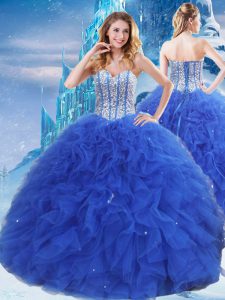 Suitable Sleeveless Floor Length Beading and Ruffles and Sequins Lace Up Sweet 16 Quinceanera Dress with Royal Blue