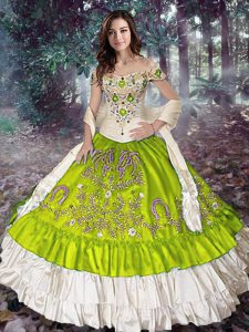 Romantic Yellow Green Off The Shoulder Neckline Embroidery and Ruffled Layers Sweet 16 Quinceanera Dress Sleeveless Lace Up