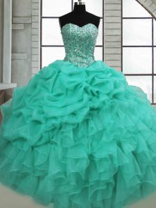 Turquoise Quinceanera Gowns Military Ball and Sweet 16 and Quinceanera with Beading and Ruffles and Pick Ups Sweetheart Sleeveless Lace Up