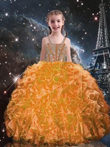 Low Price Orange Red Straps Neckline Beading and Ruffles Little Girls Pageant Dress Wholesale Sleeveless Lace Up