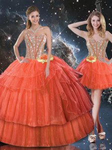 Ruffled Layers and Sequins Sweet 16 Quinceanera Dress Rust Red Lace Up Sleeveless Floor Length