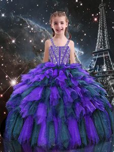 Eggplant Purple Ball Gowns Beading and Ruffles Kids Pageant Dress Lace Up Tulle Sleeveless Floor Length