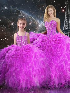 Fine Floor Length Lace Up Quinceanera Dresses Fuchsia for Military Ball and Sweet 16 and Quinceanera with Beading and Ruffles