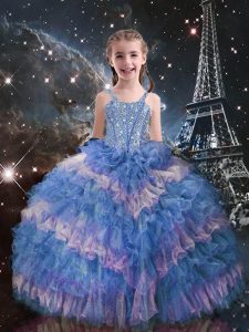 Fancy Straps Sleeveless Organza Little Girl Pageant Gowns Beading and Ruffled Layers Lace Up