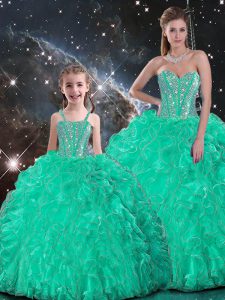 Artistic Turquoise Lace Up Sweet 16 Dress Beading and Ruffles Sleeveless Floor Length