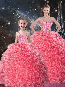 Graceful Coral Red Quince Ball Gowns Military Ball and Sweet 16 and Quinceanera with Beading and Ruffles Sweetheart Sleeveless Lace Up