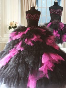 Custom Made Pink And Black Sweetheart Neckline Beading and Ruffles Sweet 16 Quinceanera Dress Sleeveless Lace Up