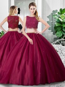 Scoop Sleeveless Tulle Quinceanera Gowns Lace and Ruching Zipper