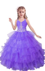 Sleeveless Organza Floor Length Zipper Kids Formal Wear in Lilac with Beading and Ruffled Layers