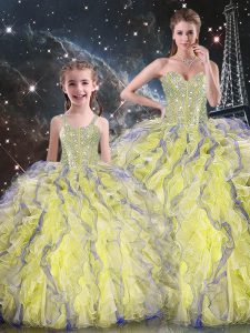 Sleeveless Organza Floor Length Lace Up Sweet 16 Quinceanera Dress in Yellow with Beading and Ruffles