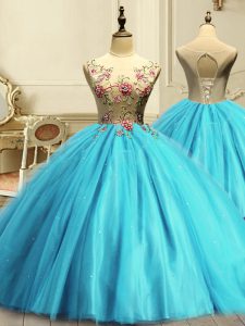 Scoop Sleeveless Ball Gown Prom Dress Floor Length Appliques and Sequins Aqua Blue Tulle