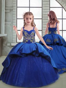 Royal Blue Little Girl Pageant Dress Spaghetti Straps Sleeveless Brush Train Lace Up