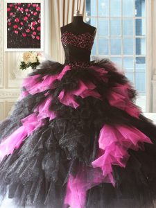 Pink And Black Sleeveless Tulle Lace Up Quinceanera Gowns for Military Ball and Sweet 16 and Quinceanera