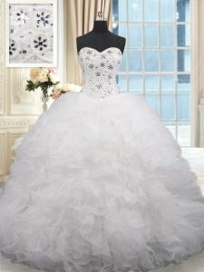 Traditional White Quinceanera Dresses Organza Brush Train Sleeveless Beading and Ruffles