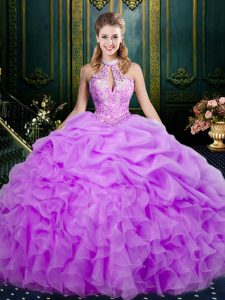 Luxury Floor Length Lilac Flower Girl Dresses for Less Halter Top Sleeveless Lace Up