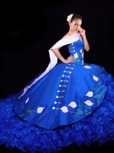 Designer Sweetheart Sleeveless Sweet 16 Dress Brush Train Embroidery and Ruffles Royal Blue Organza